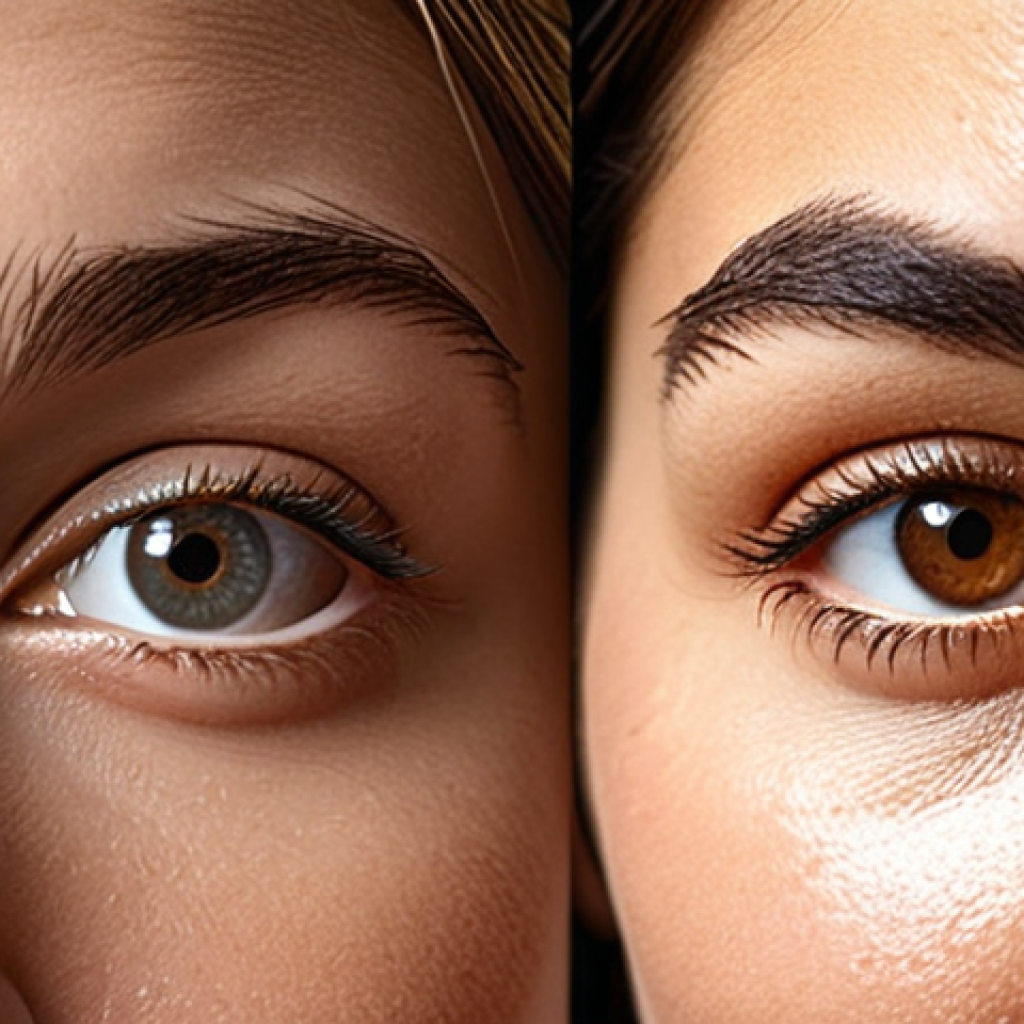 A close-up of a woman's eyes, showcasing a clear transformation from signs of fatigue (subtle dark circles, fine lines) to visibly bright, refreshed, and youthful, with a healthy glow. The image should convey the efficacy of active ingredients like peptides, hyaluronic acid, vitamin C, and caffeine. Soft, inviting light.