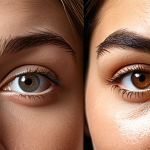 A close-up of a woman's eyes, showcasing a clear transformation from signs of fatigue (subtle dark circles, fine lines) to visibly bright, refreshed, and youthful, with a healthy glow. The image should convey the efficacy of active ingredients like peptides, hyaluronic acid, vitamin C, and caffeine. Soft, inviting light.