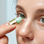 "Close-up of a hand gently applying a nourishing eye cream to the delicate skin beneath the eye, with a soft, tapping motion. The image conveys a sense of serene self-care and rejuvenation. In the background, subtly hint at elements like a cool jade roller or a small pot of luxury eye cream. Soft, natural light emphasizes healthy, hydrated skin. Beauty editorial style, focusing on the ritual of delicate eye care."