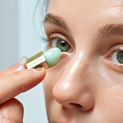 "Close-up of a hand gently applying a nourishing eye cream to the delicate skin beneath the eye, with a soft, tapping motion. The image conveys a sense of serene self-care and rejuvenation. In the background, subtly hint at elements like a cool jade roller or a small pot of luxury eye cream. Soft, natural light emphasizes healthy, hydrated skin. Beauty editorial style, focusing on the ritual of delicate eye care."