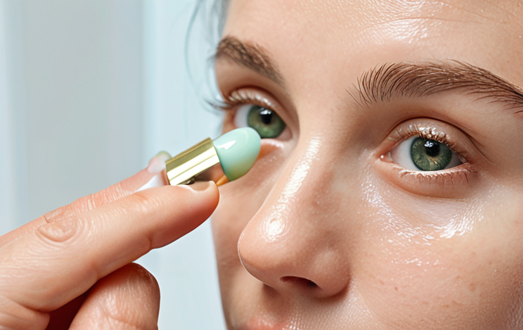 "Close-up of a hand gently applying a nourishing eye cream to the delicate skin beneath the eye, with a soft, tapping motion. The image conveys a sense of serene self-care and rejuvenation. In the background, subtly hint at elements like a cool jade roller or a small pot of luxury eye cream. Soft, natural light emphasizes healthy, hydrated skin. Beauty editorial style, focusing on the ritual of delicate eye care."
